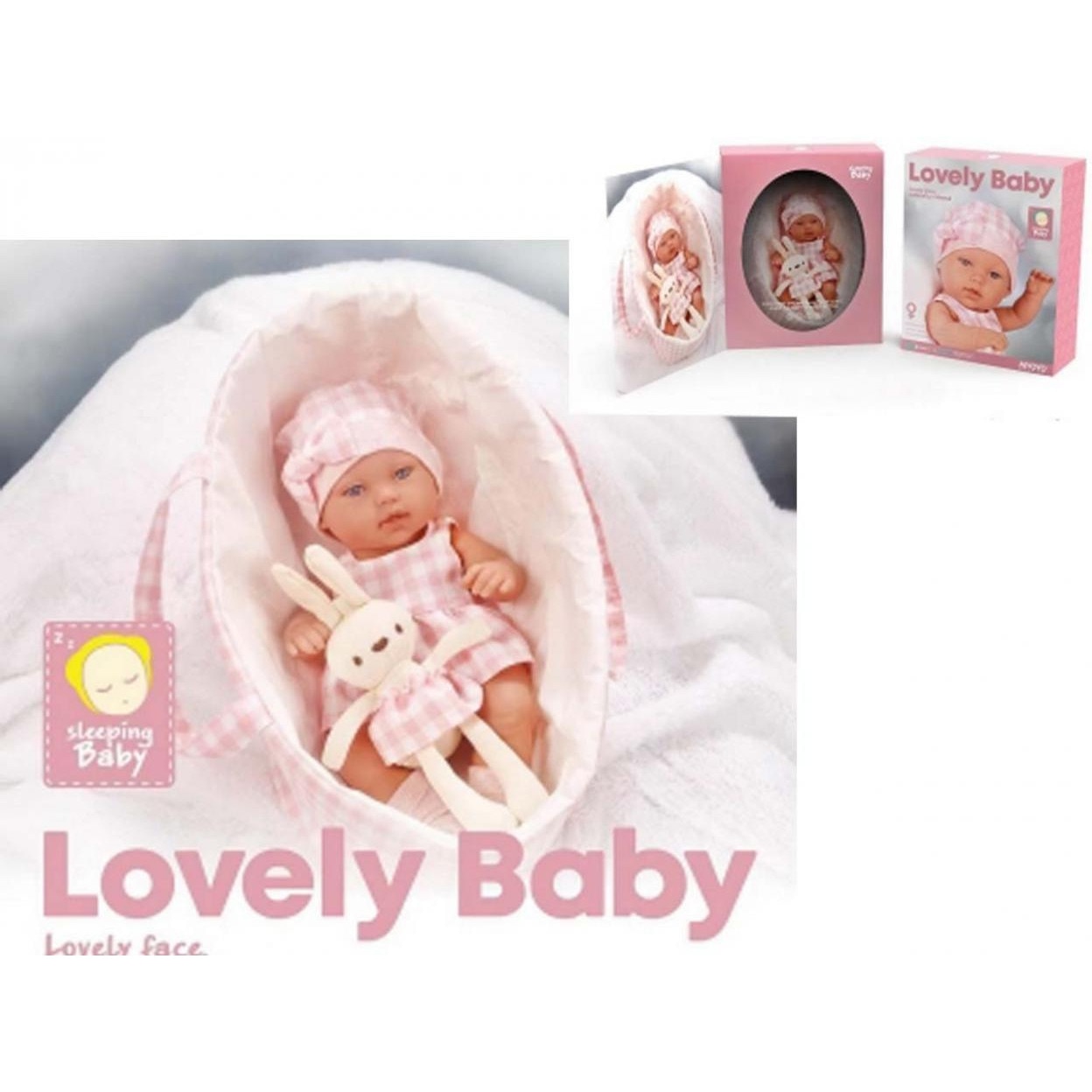 Papusa bebelus Madej Lovely Baby 33 cm cu port-bebe si iepuras de