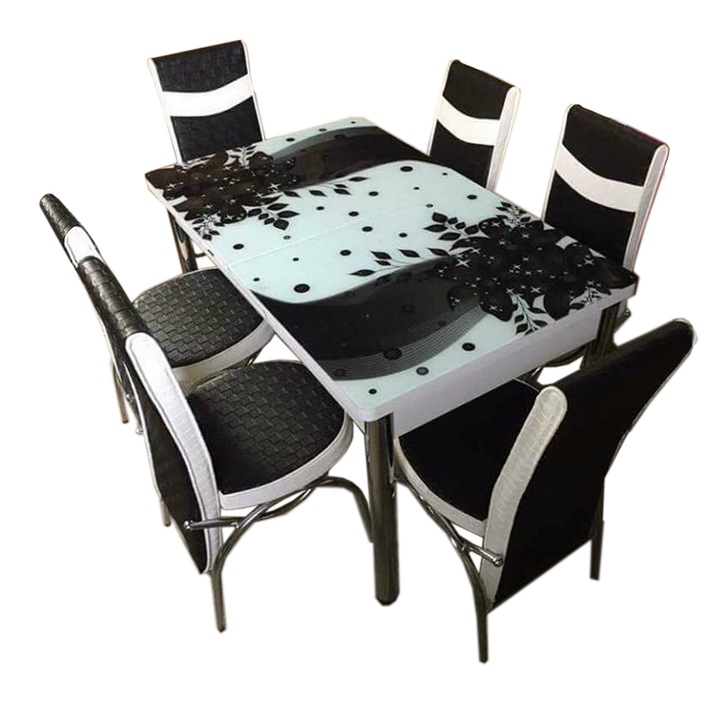 Set masa extensibila si 6 scaune Elt Modella, blat sticla, 170 x 80 x 70 cm, decor floral, Negru