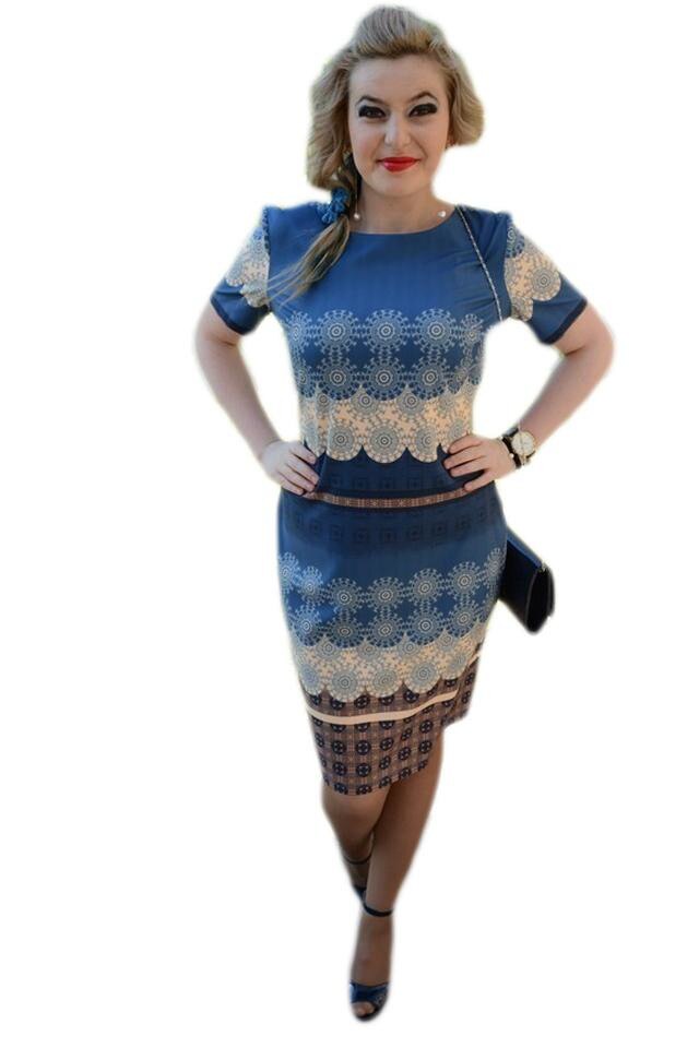 Rochie rafinata de zi, cu design abstract, D&J Exclusive, Albastru marin