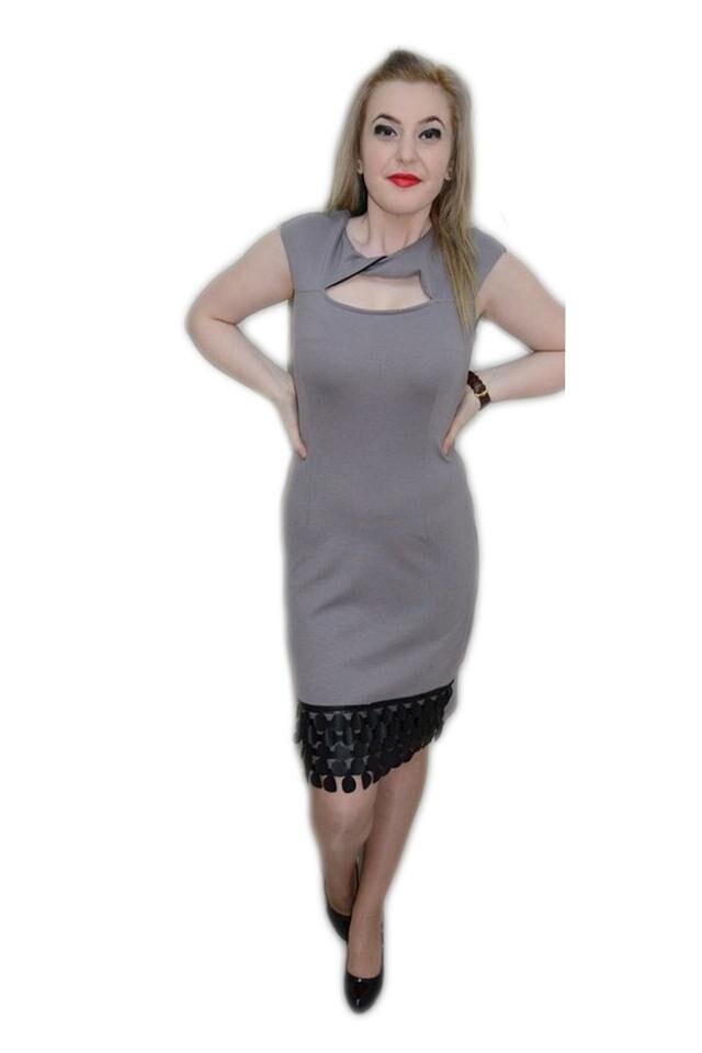 Rochie casual, din stofa cu inserti de piele, D&J Exclusive, Gri