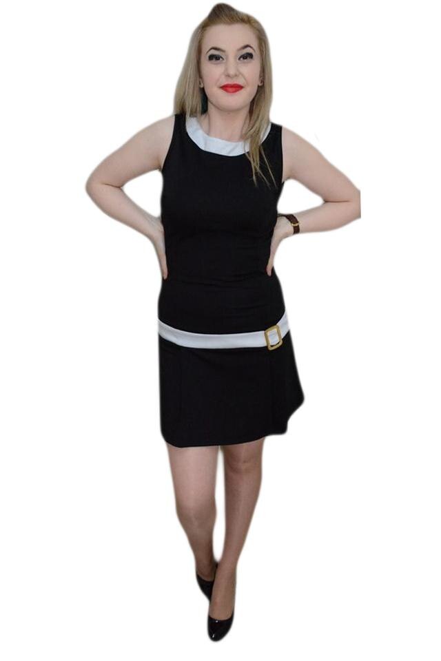 Rochie dreapta, catarama chic lateral, fara maneci, D&J Exclusive, Negru/Alb
