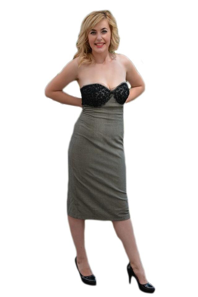 Rochie eleganta, croiala cambrata, lungime midi, D&J Exclusive, Gri