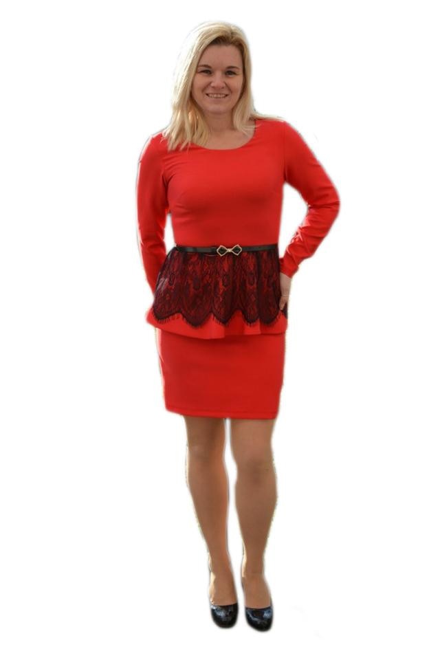 Rochie chic cu insertie de dantela in talie, D&J Exclusive, Rosu