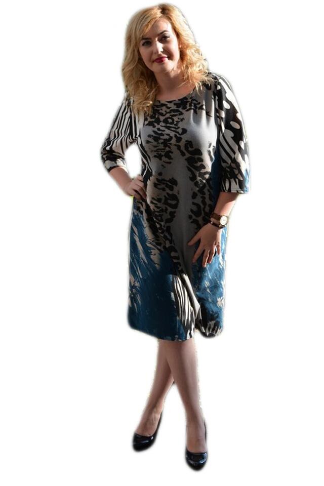 Rochie office cu decolteu mic, D&J Exclusive, Gri/Turcoaz
