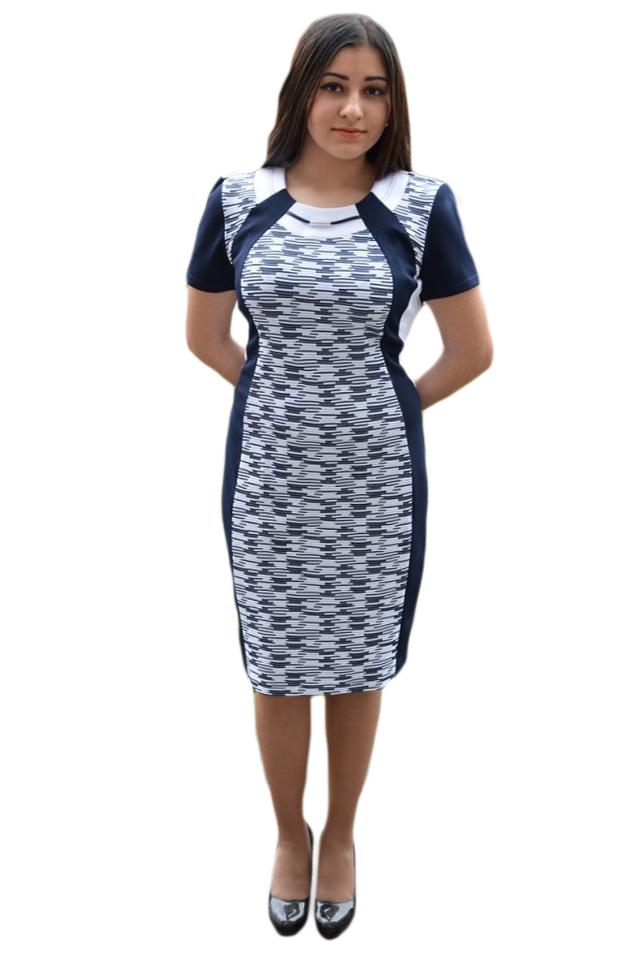 Rochie cu croi cambrat, imprimeu de dungi, D&J Exclusive, Alb/Bleumarin