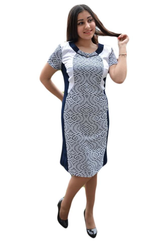 Rochie office, cambrata si maneca scurta, D&J Exclusive, Alb/Bleumarin