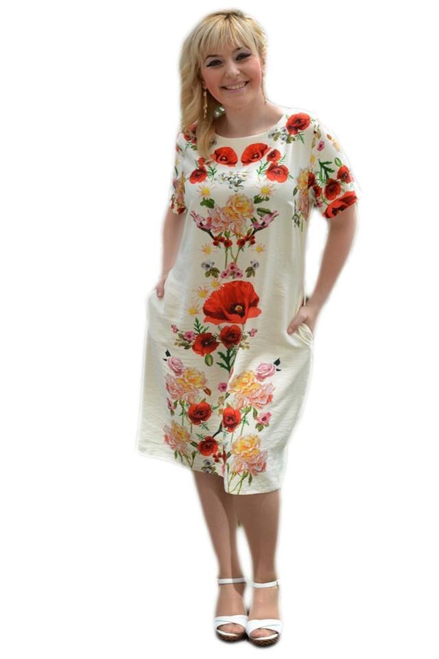 Rochie moderna de zi cu maci rosii, material subtire, D&J Exclusive,, Bej