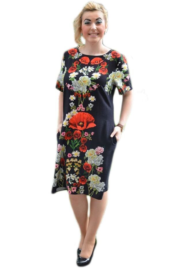 Rochie moderna de zi cu maci rosii, material subtire, D&J Exclusive,, Negru