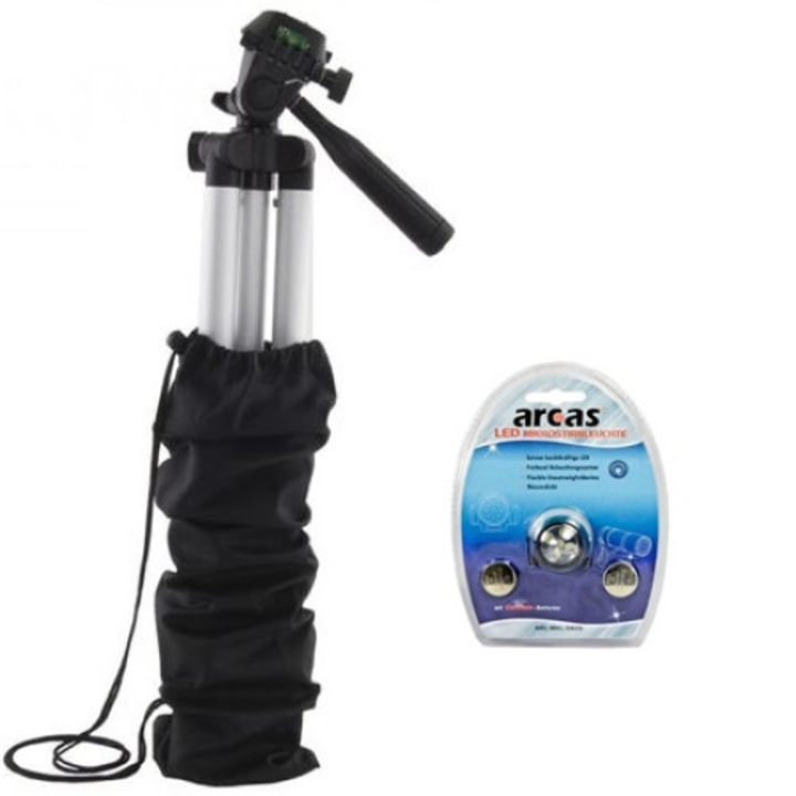 Set 1 Trepied cu boloboc inaltime max. 128 cm, husa pt transport inclusa si 1 lanterna de cap cu 5 lel-uri