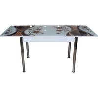 masa extensibila din mdf acoperit cu sticla parlayan  70x110 pliata 70x170 extinsa pentru living si bucatarie picioare cromate alb cu flori maron imagen 49_0_
0