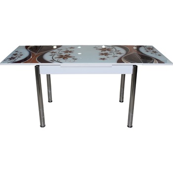 Masa extensibila din MDF acoperit cu sticla Parlayan® , 70X110 pliata, 70X170 extinsa, pentru living si bucatarie, picioare cromate, Alb cu flori maron Masa extensibila din MDF acoperit cu sticla Parlayan® , 70X110 pliata, 70X170 extinsa, pentru living si bucatarie, picioare cromate, Alb cu flori maron
