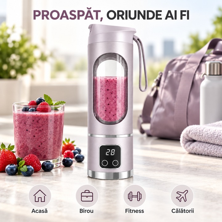 Blender Portabil FEROTYB 6-in-1, Smoothie/Milkshake/Suc/Protein, USB-C, 2 recipiente tip shaker, compact pentru calatorii