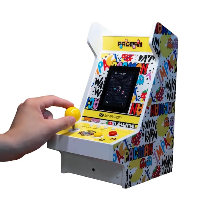 Mini consola verticala Pac-Man™ Mighty Player MyArcade, 5 jocuri, display color 3.5 inch, iluminare ajustabila, difuzor extern, port casti Jack 3.5 mm, incarcare USB-C, potrivita pentru game rooms si colectionari, ideala cadou, galben