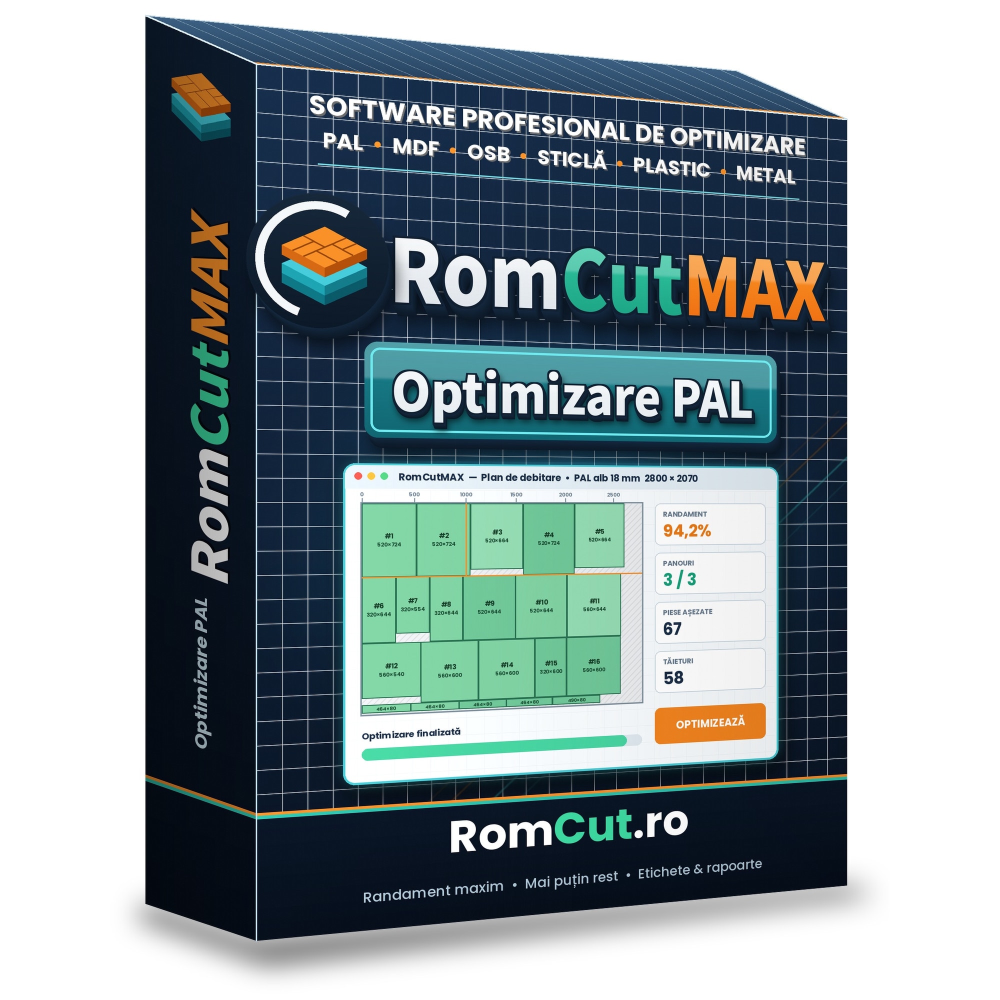 Software optimizare panouri PAL, MDF, OSB, Sticla, Plastic, Metal – RomCut, RomCutMAX