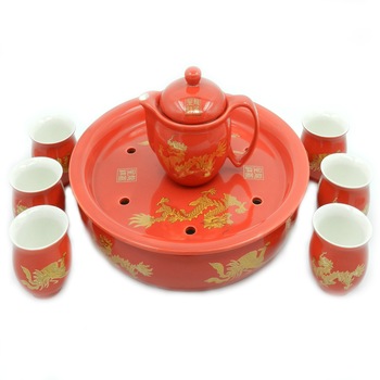 Set ceai rosu, Jingdezhen, 6 cesti 80 ml + ceainic 300 ml + tava, portelan Set ceai rosu, Jingdezhen, 6 cesti 80 ml + ceainic 300 ml + tava, portelan
