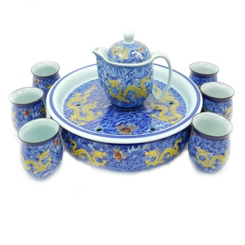 Set ceai albastru cu dragoni, Jingdezhen, 6 cesti 80 ml + ceainic 300 ml + tava, portelan Set ceai albastru cu dragoni, Jingdezhen, 6 cesti 80 ml + ceainic 300 ml + tava, portelan