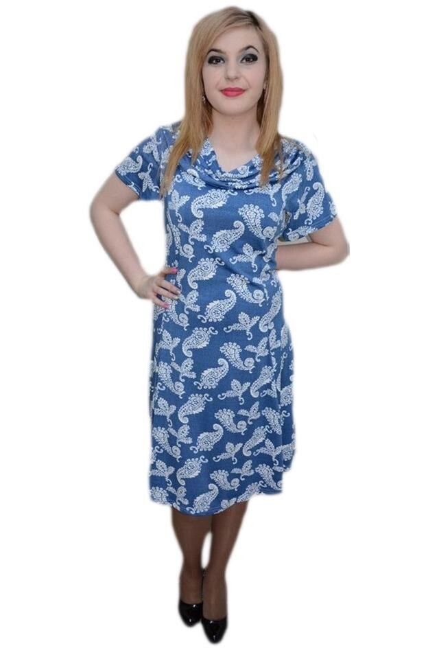 Rochie cu model paisley , usor evazata, D&J Exclusive, Albastru/Alb