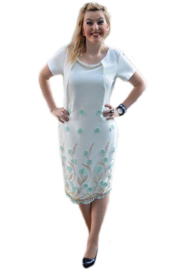 Rochie eleganta, deosebita, cu flori aplicate, D&J Exclusive, Alb