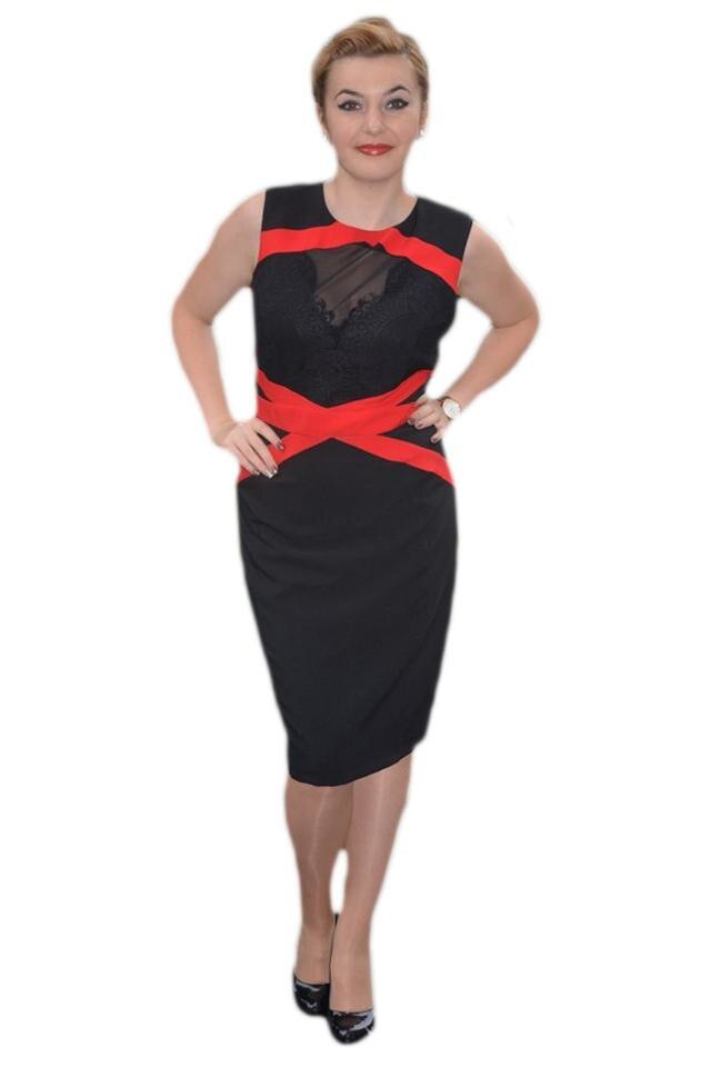 Rochie eleganta cu dantela la decolteu, D&J Exclusive, Negru/Rosu