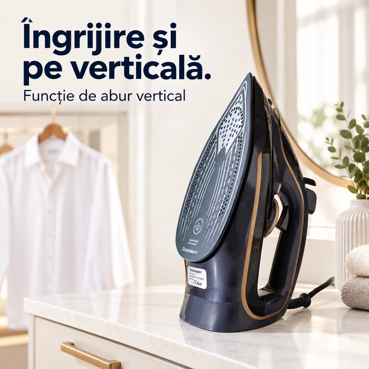 Fier de calcat cu abur Zenkabeat ST5 Pro, 3200W, Abur continuu 35-40 g/min, Jet de abur puternic, Abur vertical, Talpa ceramica, Rezervor 350 ml, Anti-calcar, Anti-picurare, Oprire automata, Auto-curatare, Gri/Albastru
