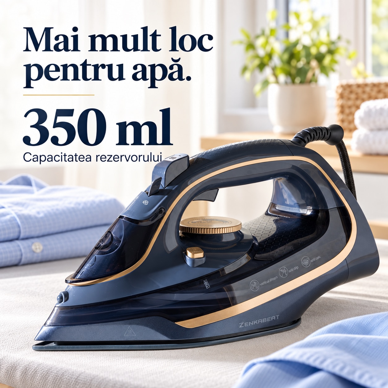 Fier de calcat cu abur Zenkabeat ST5 Pro, 3200W, Abur continuu 35-40 g/min, Jet de abur puternic, Abur vertical, Talpa ceramica, Rezervor 350 ml, Anti-calcar, Anti-picurare, Oprire automata, Auto-curatare, Gri/Albastru