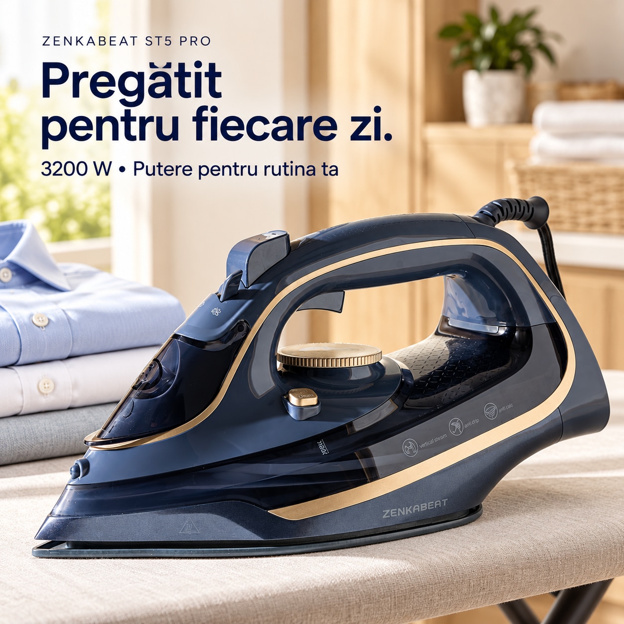 Fier de calcat cu abur Zenkabeat ST5 Pro, 3200W, Abur continuu 35-40 g/min, Jet de abur puternic, Abur vertical, Talpa ceramica, Rezervor 350 ml, Anti-calcar, Anti-picurare, Oprire automata, Auto-curatare, Gri/Albastru