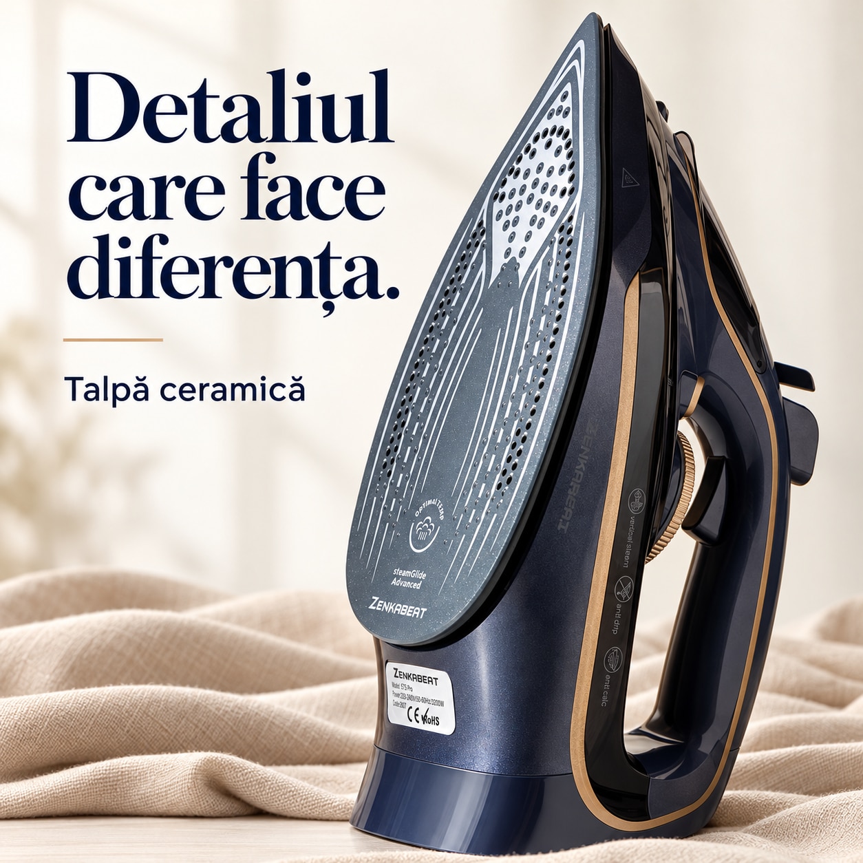 Fier de calcat cu abur Zenkabeat ST5 Pro, 3200W, Abur continuu 35-40 g/min, Jet de abur puternic, Abur vertical, Talpa ceramica, Rezervor 350 ml, Anti-calcar, Anti-picurare, Oprire automata, Auto-curatare, Gri/Albastru