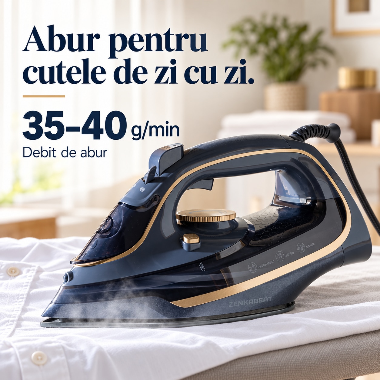 Fier de calcat cu abur Zenkabeat ST5 Pro, 3200W, Abur continuu 35-40 g/min, Jet de abur puternic, Abur vertical, Talpa ceramica, Rezervor 350 ml, Anti-calcar, Anti-picurare, Oprire automata, Auto-curatare, Gri/Albastru