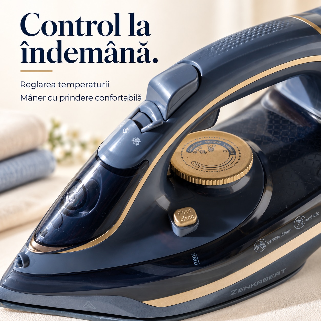 Fier de calcat cu abur Zenkabeat ST5 Pro, 3200W, Abur continuu 35-40 g/min, Jet de abur puternic, Abur vertical, Talpa ceramica, Rezervor 350 ml, Anti-calcar, Anti-picurare, Oprire automata, Auto-curatare, Gri/Albastru