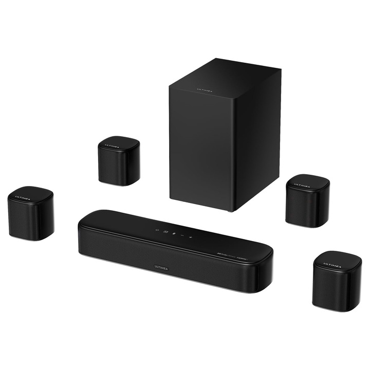 Soundbar 7.1 Corenia QRE-5023862, Dolby Atmos, 420 W, subwoofer cablat 5,25 inch cu BassMX, HDMI-eARC, Bluetooth 5.4, negru, 40 cm
