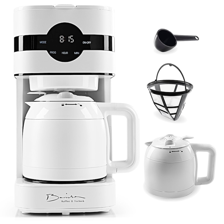 Aparat de cafea filter Corenia QRE-5023747, termos din inox dublu perete, filtru permanent #4, timer LED, 900 W, alb, 1,25 L