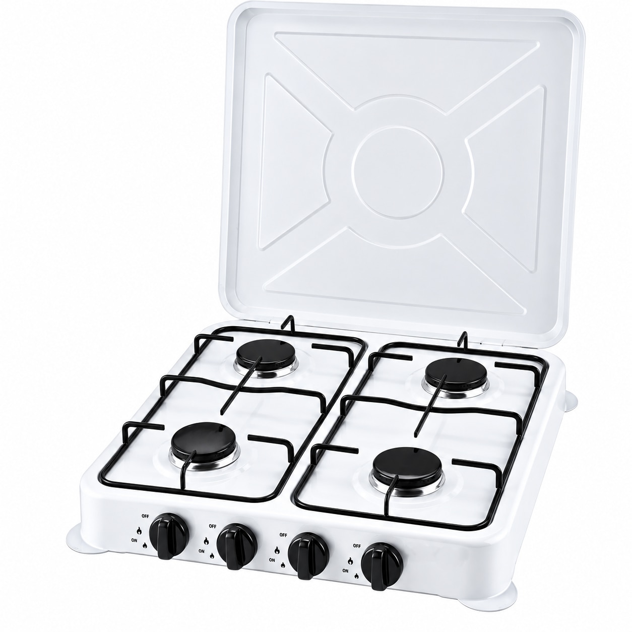 Aragaz cu 4 arzatoare, alimentare cu gaz la butelie, aprindere rapida, capac metalic rabatabil, accesorii de montaj incluse