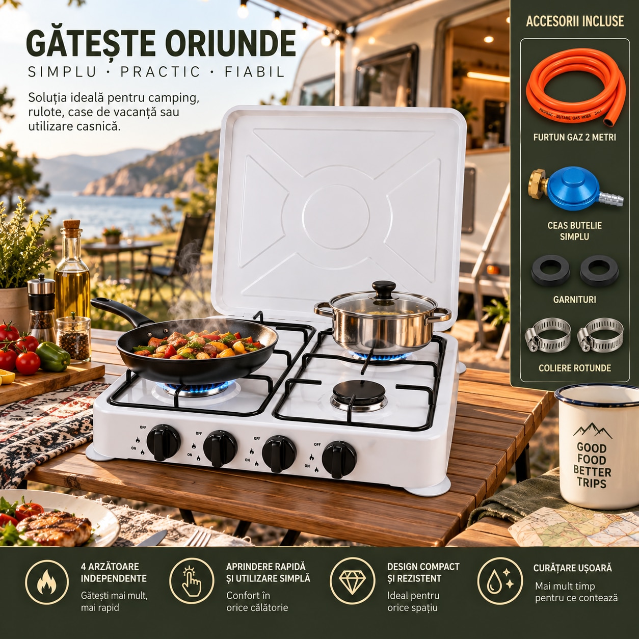 Aragaz cu 4 arzatoare, alimentare cu gaz la butelie, aprindere rapida, capac metalic rabatabil, accesorii de montaj incluse