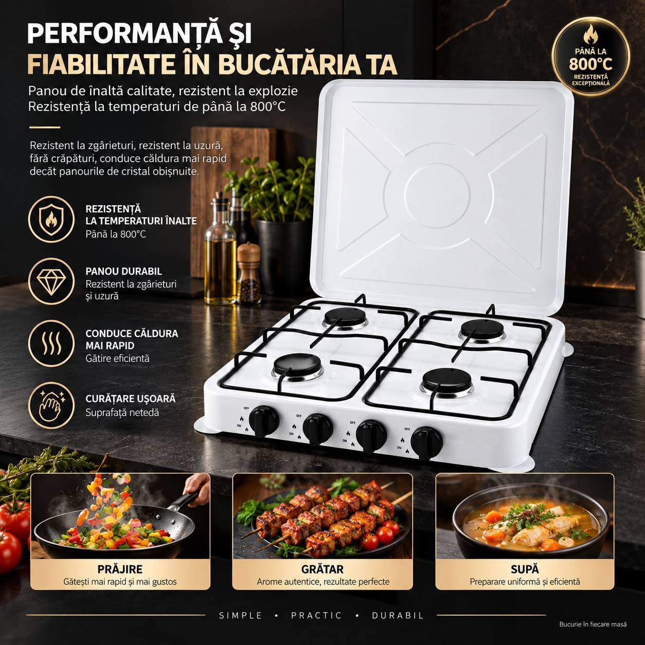 Aragaz cu 4 arzatoare, alimentare cu gaz la butelie, aprindere rapida, capac metalic rabatabil, accesorii de montaj incluse