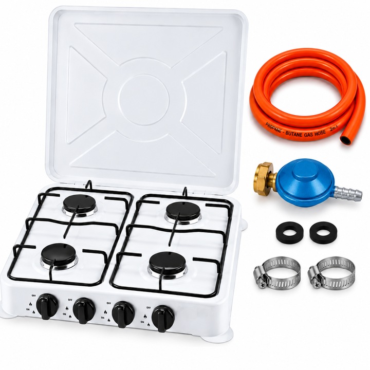 Aragaz cu 4 arzatoare, alimentare cu gaz la butelie, aprindere rapida, capac metalic rabatabil, accesorii de montaj incluse
