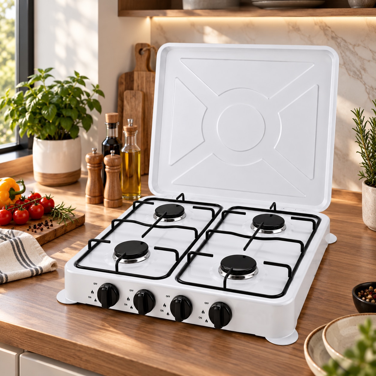 Aragaz cu 4 arzatoare, alimentare cu gaz la butelie, aprindere rapida, capac metalic rabatabil, accesorii de montaj incluse