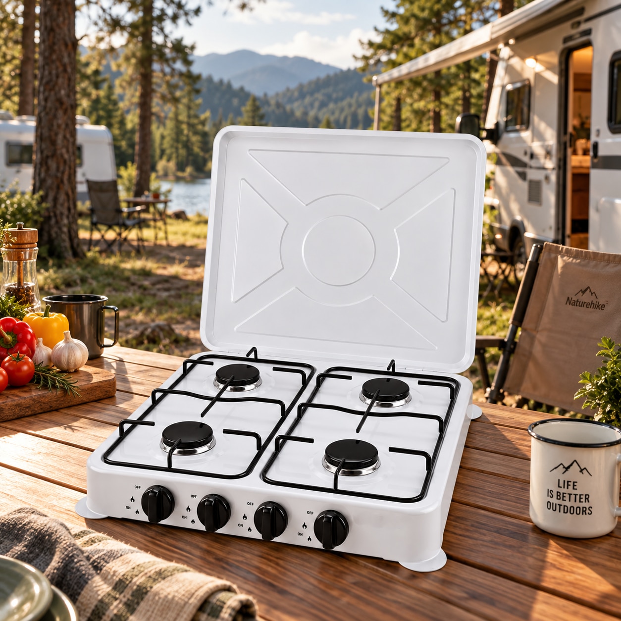 Aragaz cu 4 arzatoare, alimentare cu gaz la butelie, aprindere rapida, capac metalic rabatabil, accesorii de montaj incluse