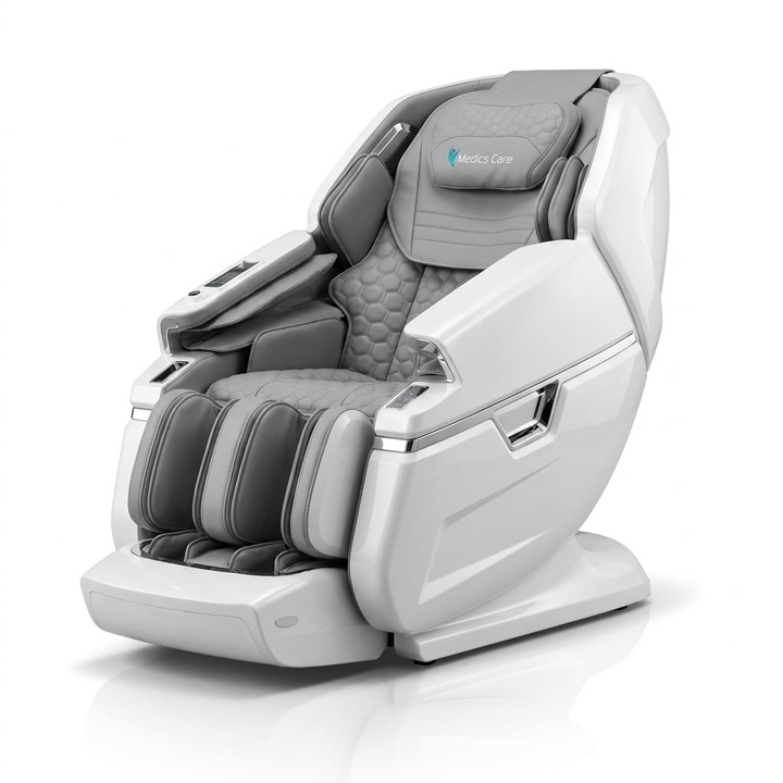 Fotoliu de masaj Medics Care XZ8, Zero Gravity, masaj Shiatsu full-body cu role 3D, incalzire zona lombara/ spate, sistem cu perne pneumatice pentru brate/picioare/talpi, telecomanda, husa din piele sintetica, alb/gri