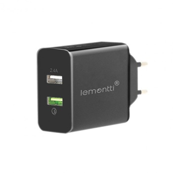 Incarcator retea Lemontti, Dual USB, 3.1 A, Qualcomm 3.0, Negru Incarcator retea Lemontti, Dual USB, 3.1 A, Qualcomm 3.0, Negru