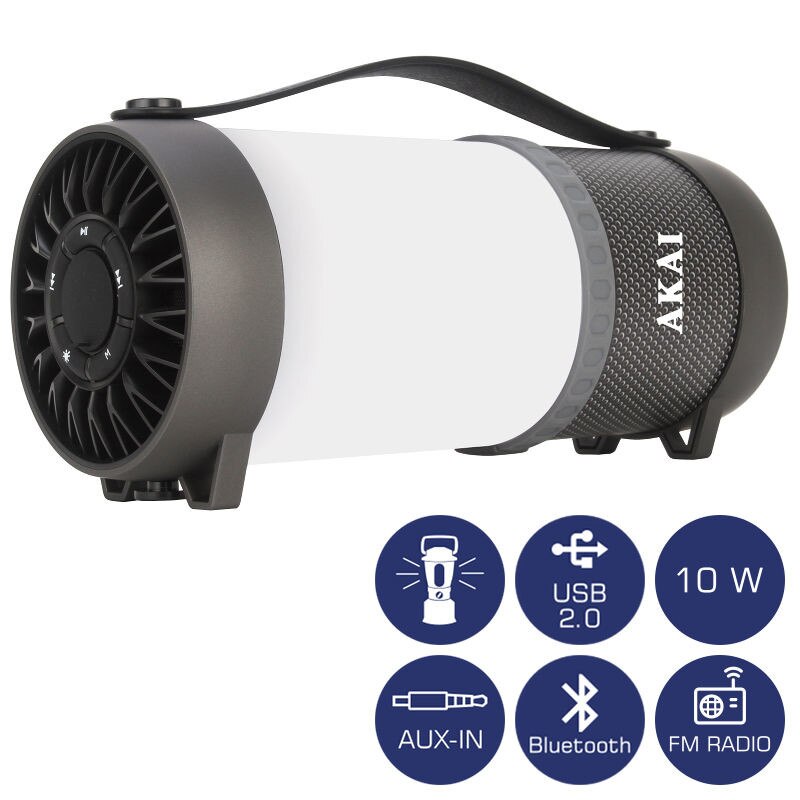 Boxa portabila Akai , Cu Lumini , Putere RMS 10 W , Jack 3.5 mm aux intrare , Conectivitate Bluetooth , Port USB , AUX in , Radio FM