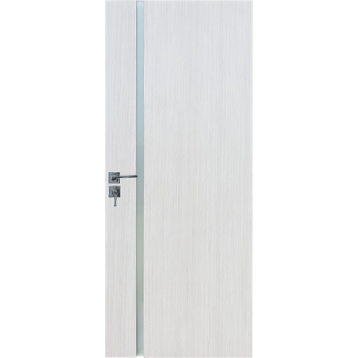 Usa Interior din MDF Cu Toc Inclus Novo Doors ND04A LUX, Dimensiune 200X60 CM, Geam Sablat, Cadru din Lemn Masiv din Rasinoase, Balamale si Clanta Incluse, Toc Reglabil de 30 CM, Plianta pe Ambele Parti, Alb