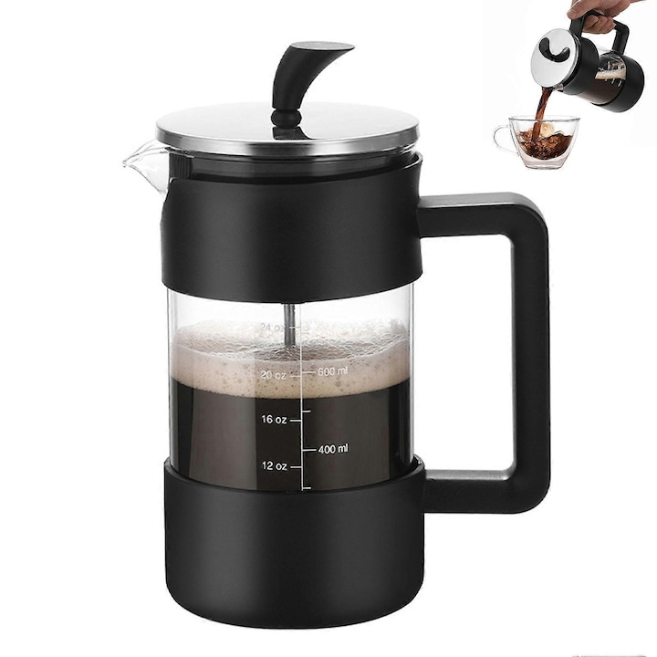 Cafetiera French press ZJ201, sticla borosilicata rezistenta la caldura, filtru in 3 trepte, cioc anti-picurare, negru, 1000 ml