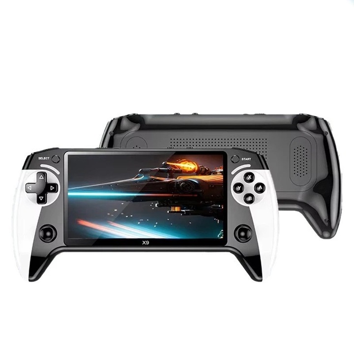 Consola de jocuri portabila X9, Bedee,6000+ jocuri, ecran HD 5.5 inch, Top 10 emulatoare, iesire TV, incarcare USB-C, baterie 2000mAh, memorie extensibila pana la 128GB, design ergonomic ABS