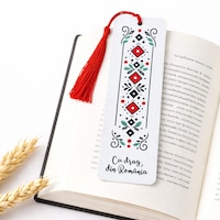 Semn de carte model popular, suvenir din Romania, Rodion butic, motive traditionale, pictat manual, inscriptionat manual, handmade, 5x15 cm, lemn, cadou din Romania, cadou pentru straini
