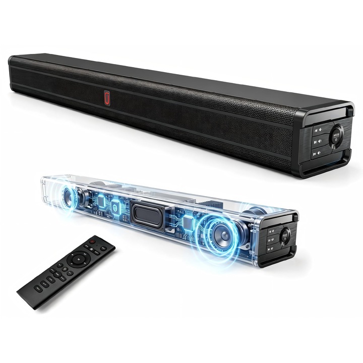 Soundbar Corenia QRE-5034960, 2.1 canale, 200 W peak, Bluetooth 5.4, HDMI ARC/optica/AUX/USB, bas integrat, montare pe perete/pe masa, negru, 80 cm
