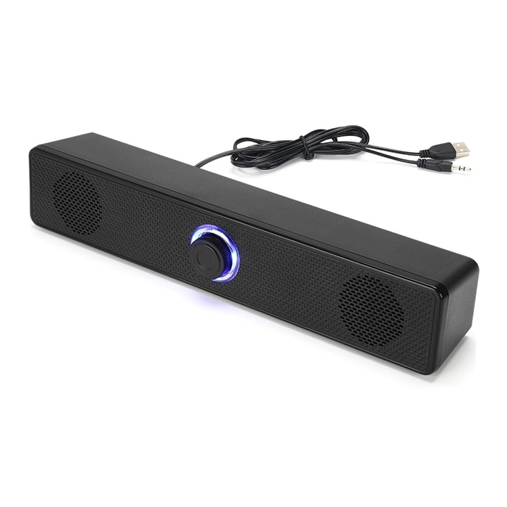 Soundbar Corenia QRE-5034962, 2.0 stereo, Bluetooth, USB si jack 3,5 mm, compact, 32,5 x 32,5 x 6,9 cm, negru