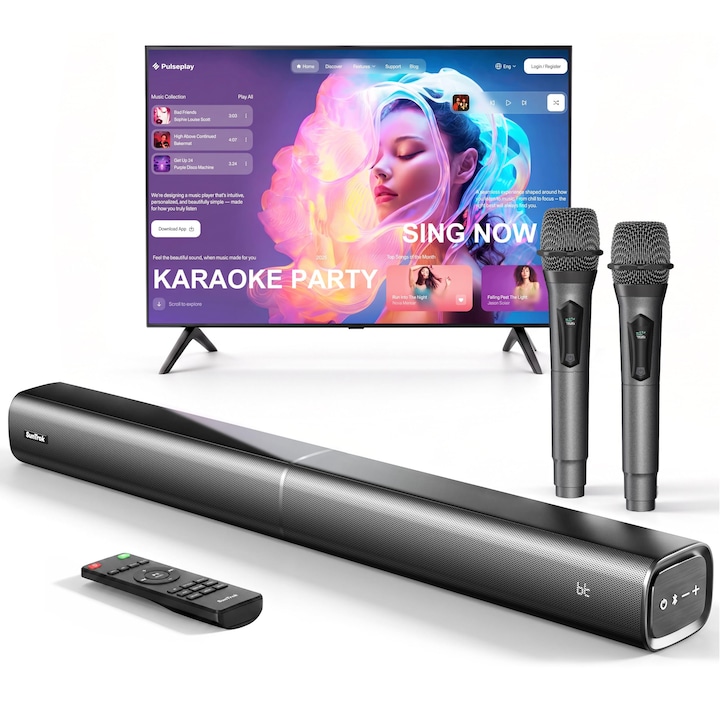 Soundbar karaoke Corenia QRE-5034964, 60 W, 2 microfoane wireless, HDMI/RCA/optical/USB/Bluetooth, negru, 20 x 32 x 18 cm