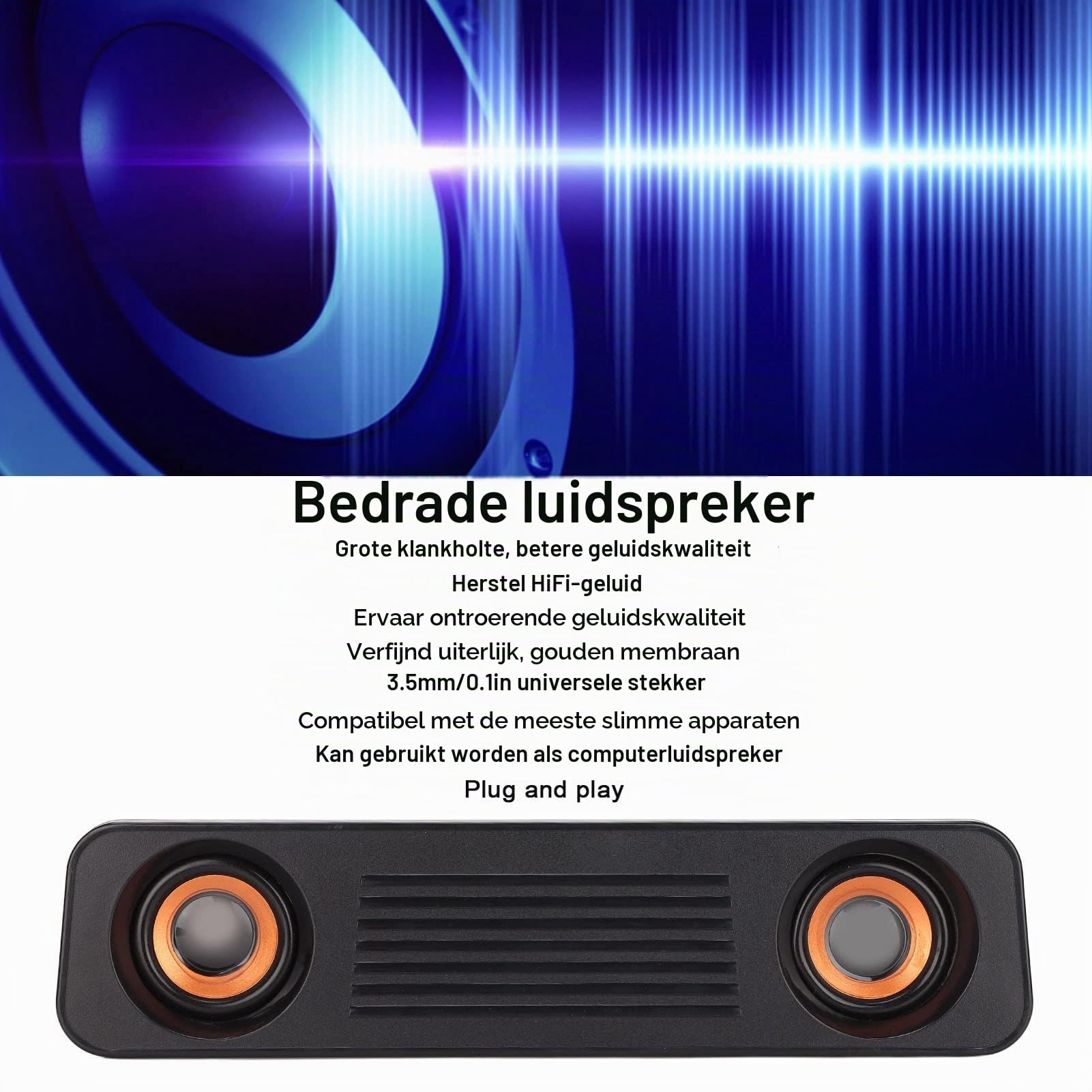 Soundbar Corenia QRE-5040396, boxa desktop compacta cu fir, USB + jack 3,5 mm, stereo Hi-Fi 2.0 cu efect 360°, negru