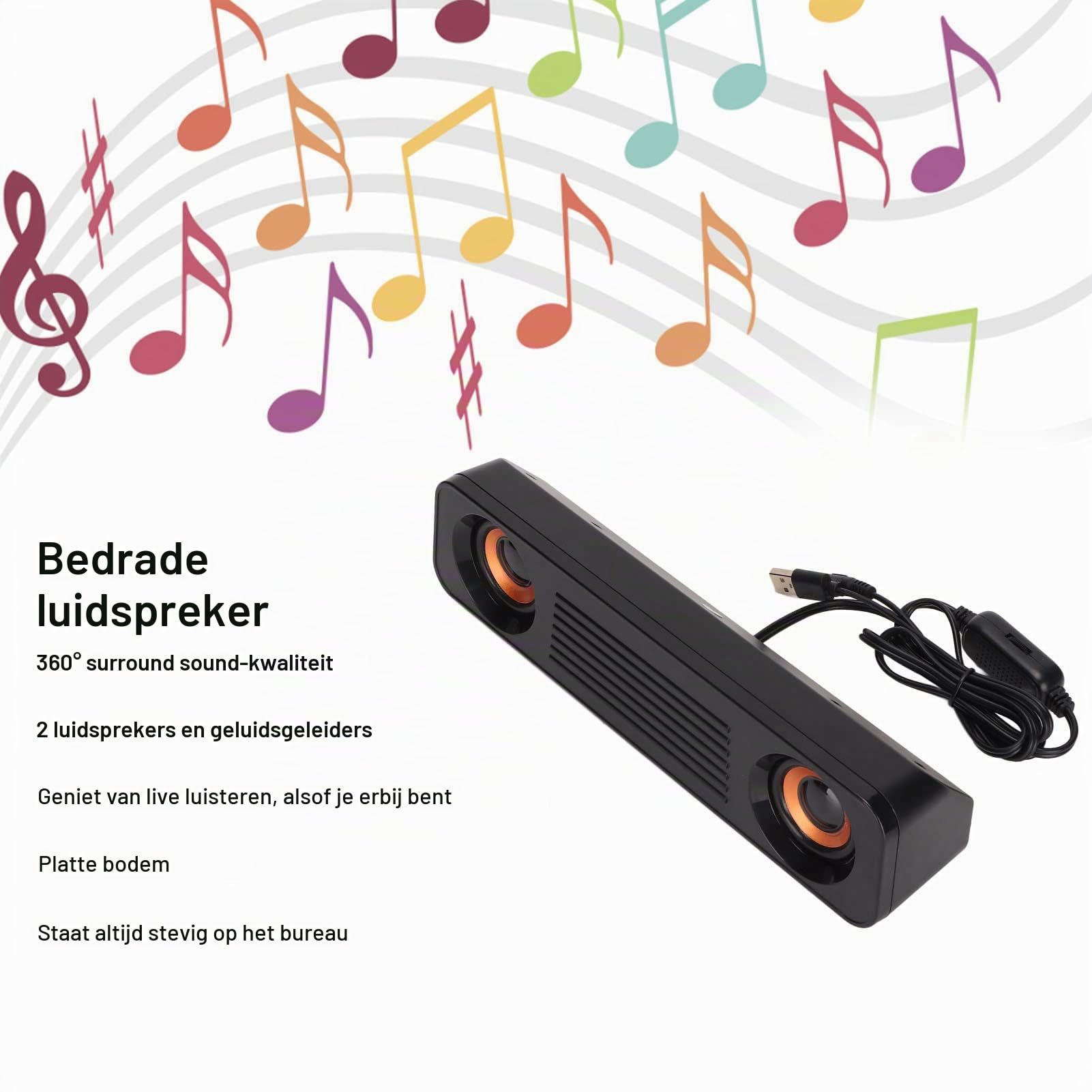 Soundbar Corenia QRE-5040396, boxa desktop compacta cu fir, USB + jack 3,5 mm, stereo Hi-Fi 2.0 cu efect 360°, negru