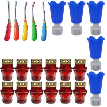 Pachet - 12 x Candela din sticla cu capac metal, 11cm + 5 x Aprinzator cu prelungitor flexibil + 5 x Lampa de veghe Pachet - 12 x Candela din sticla cu capac metal, 11cm + 5 x Aprinzator cu prelungitor flexibil + 5 x Lampa de veghe